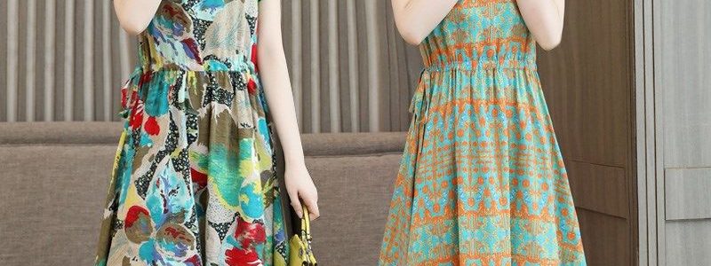 新款韩版修身时尚气质文艺收腰系带中长款大码连衣裙人造麻碎花裙
