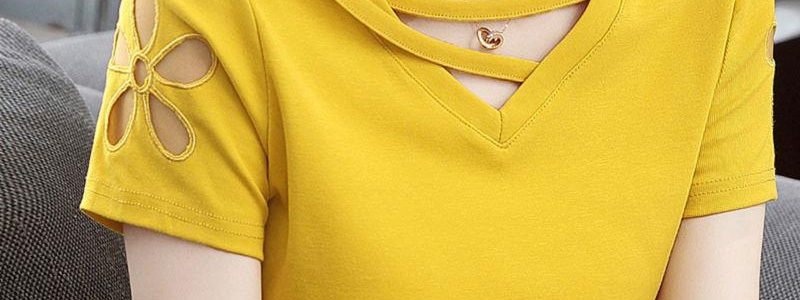 95棉短袖T恤女纯色镂空V领上衣2019新款韩版大码丅桖百搭夏
