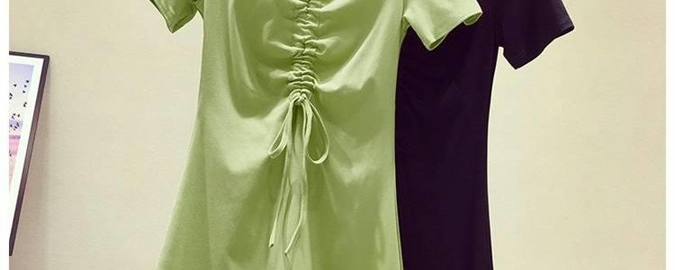 牛油果绿色抽绳V领短袖t恤女夏中长款连衣裙2019新款纯色小众裙子